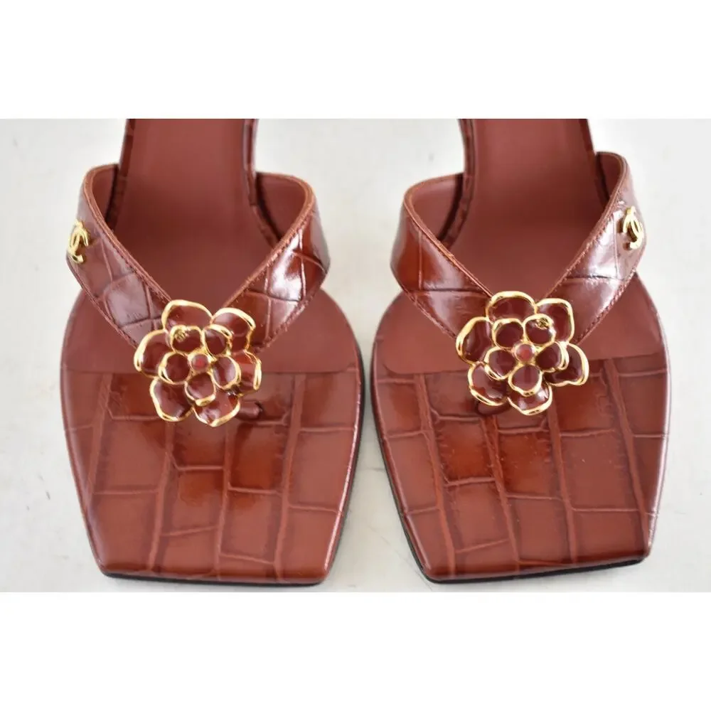 Chanel 26A Dark Red Crocodile Croc CC Flower Backless Mule Heel Thong Sandal 40